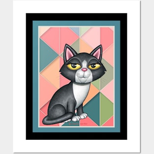 Black white kitty cat on art deco in greens and orange Posters and Art